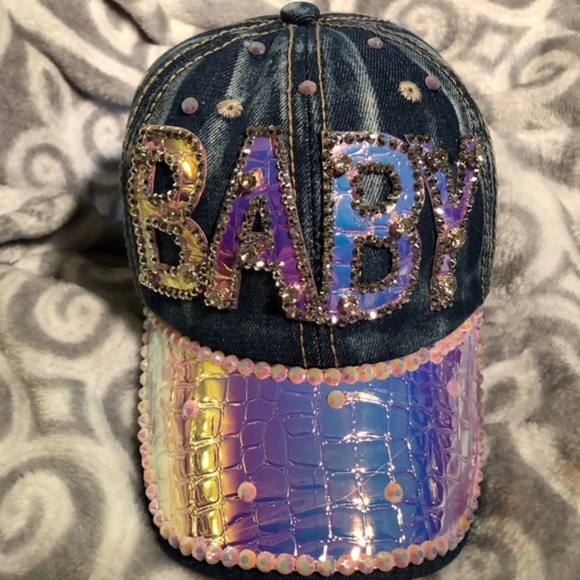 Baseball Hat Cap Trucker 90's Y2K Rhinestone Bling Sparkle Jean Denim Hip Hop - Picture 1 of 3